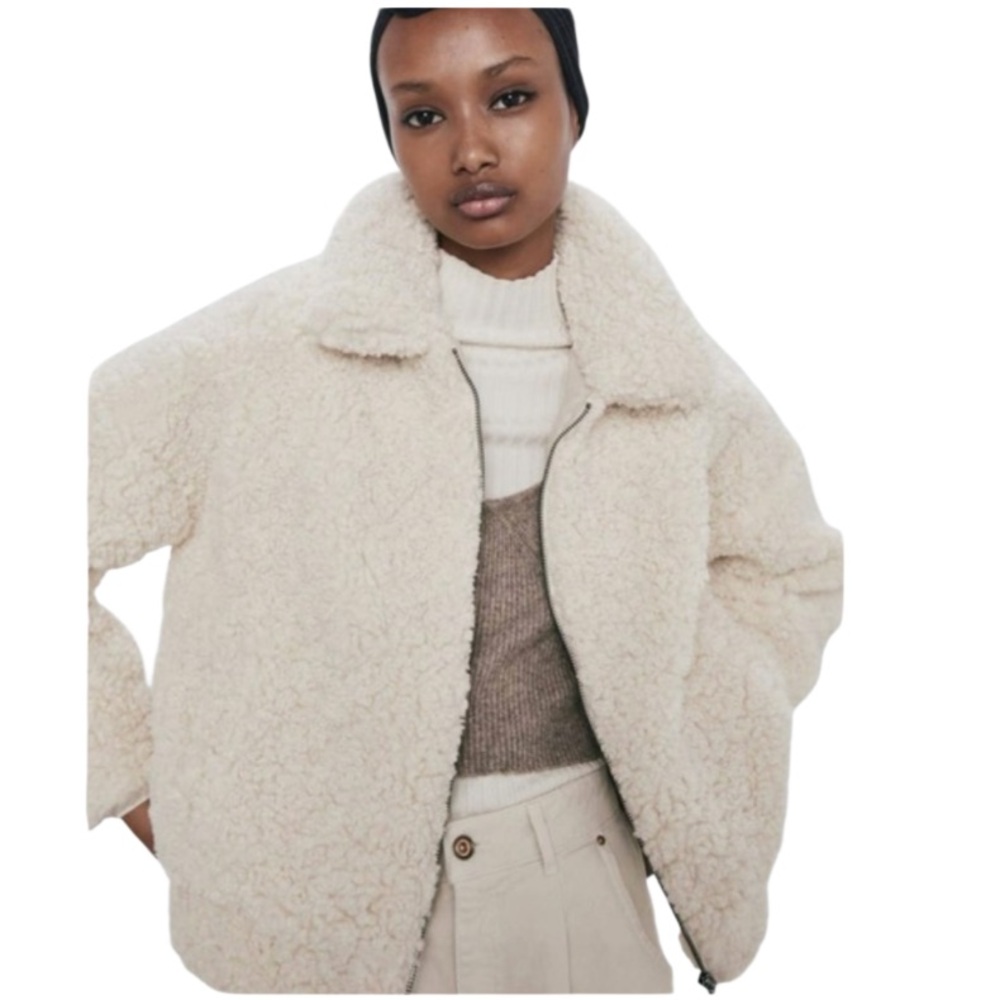 Zara Fleece Sherpa Teddy Bomber Zip Up Jacket Size Small